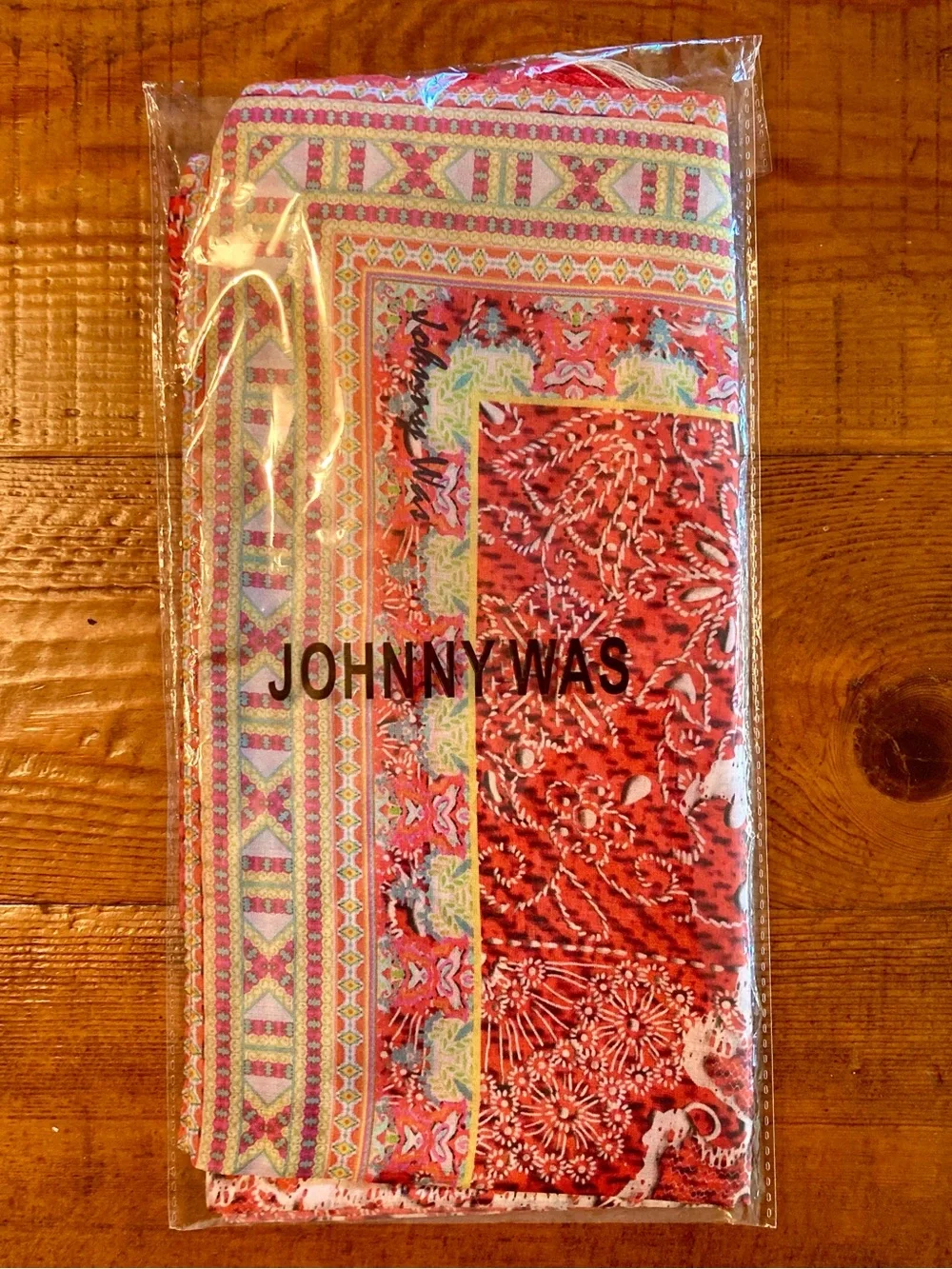 NEW Johnny Was Red Lace Silk Scarf Braided Tassels Red Cream Large 44